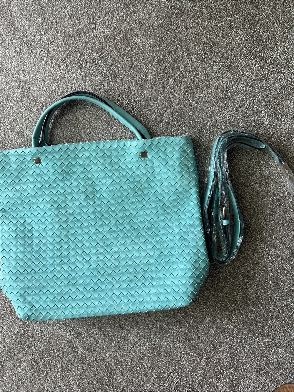 Leather Woven Turquoise Tote Bag with Detachable Strap